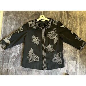 Norm Thompson Jacket Women’s L Vintage Black Floral Embroidered Buttons, Classic